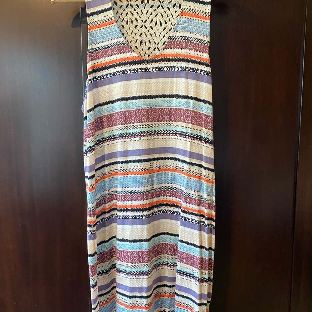 NWOT Organic Cotton Striped Midi Dress with lace detailed back.